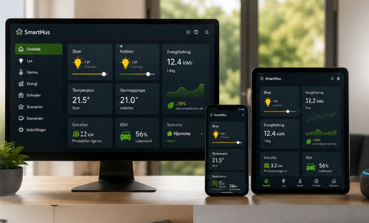 SmartHus-dashboard vist på computer, tablet og telefon