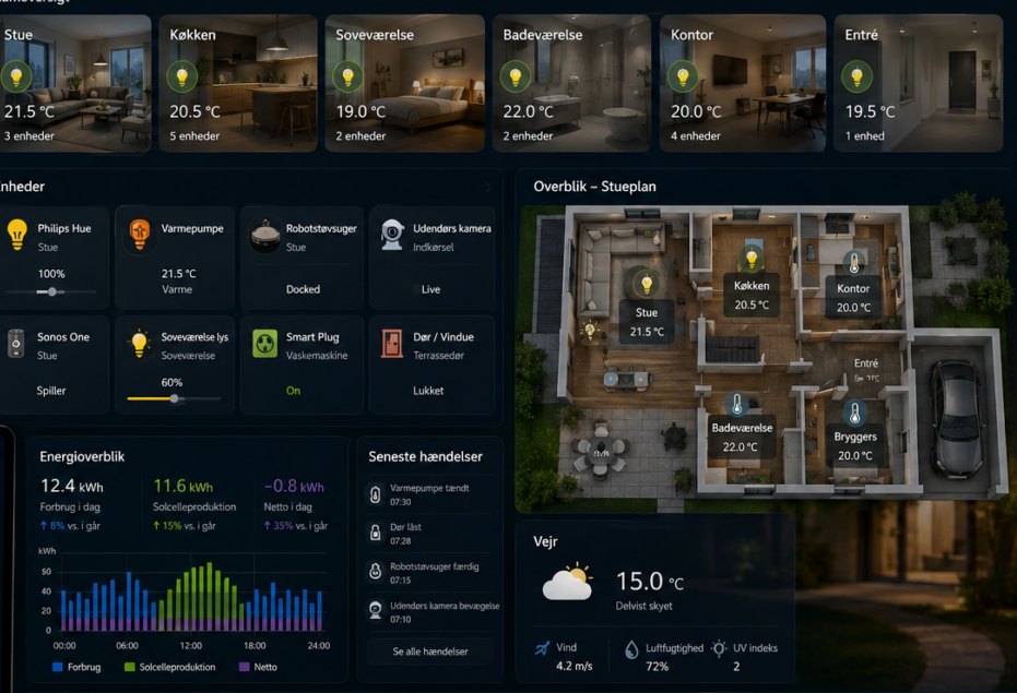 Rumoversigt, enheder, energioverblik og plantegning i SmartHus-dashboardet