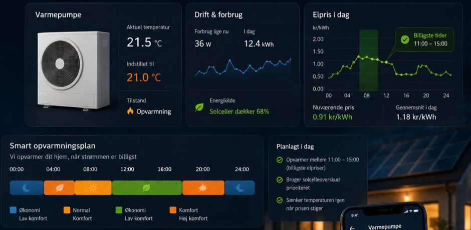 Varmepumpe-styring med temperatur, forbrug, elpris og opvarmningsplan