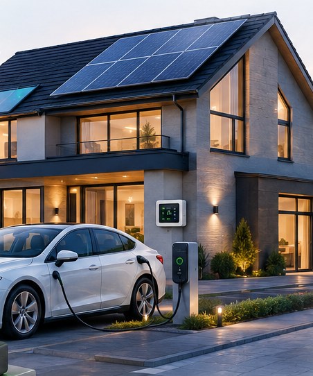 Moderne hus med solceller på taget og en elbil, der lader i indkørslen