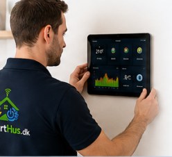 SmartHus-montør sætter en tablet op på væggen