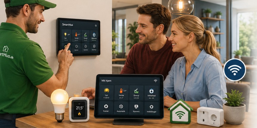 SmartHus-montør viser et par det nye dashboard på væggen