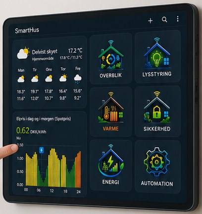 SmartHus-dashboard på en vægmonteret tablet med elpris, vejr og styring af lys, varme og sikkerhed